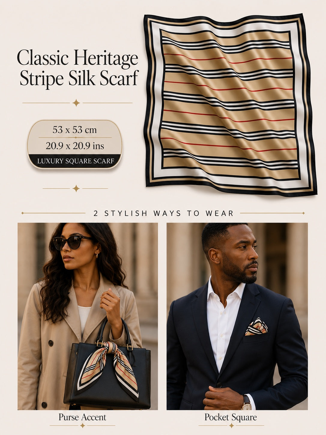 Classic Heritage Stripe Silk Scarf — 53 × 53 cm