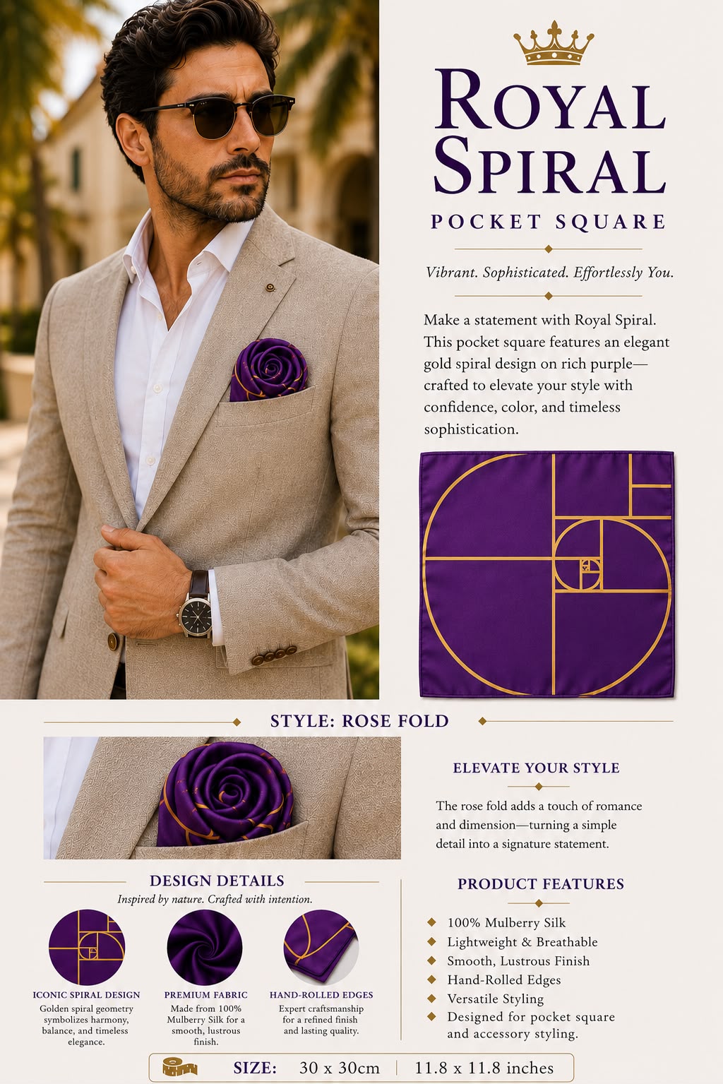 Royal Spiral Mulberry silk pocket square with elegant gold spiral design on rich purple