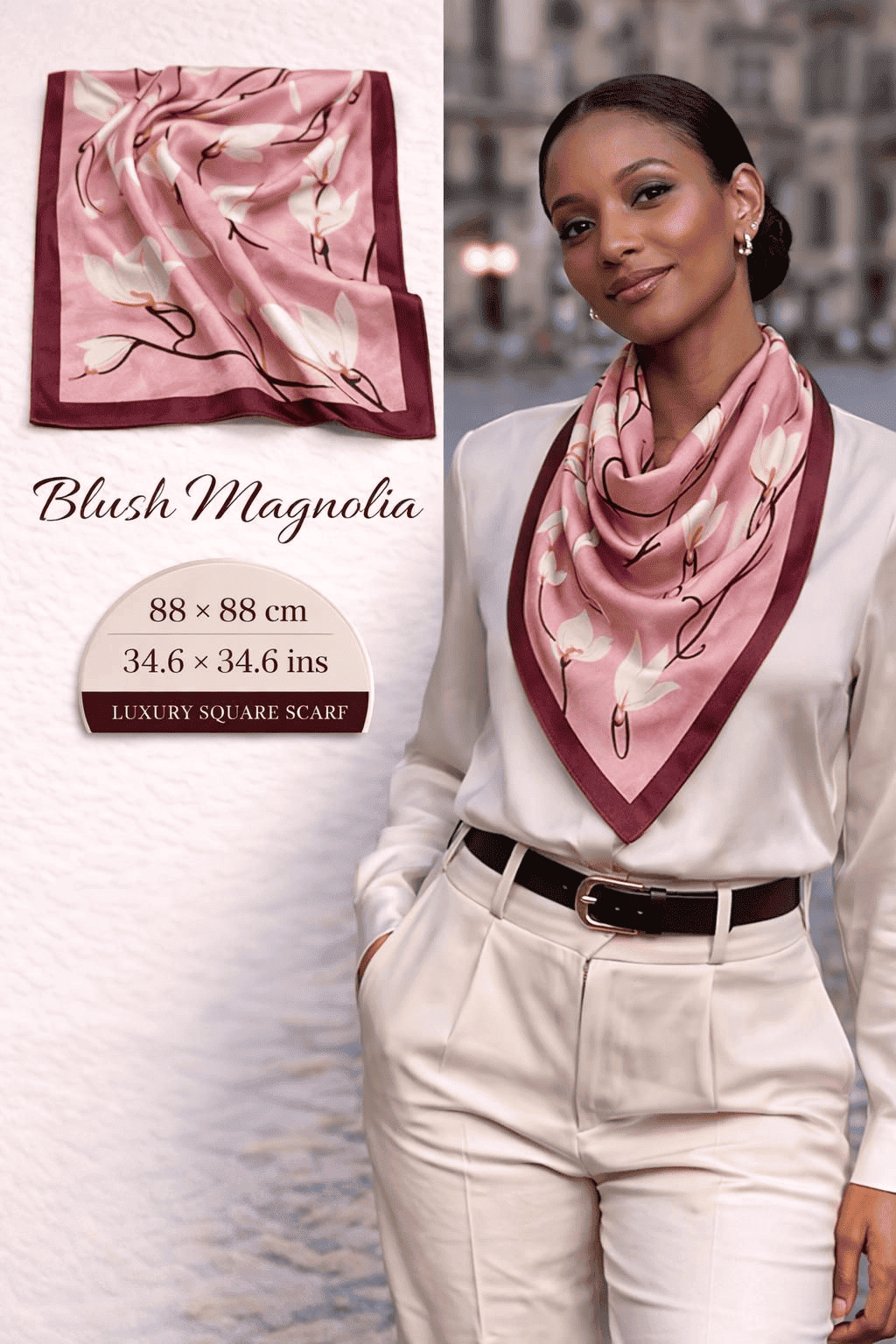 Blush Magnolia silk scarf with soft blush tones and ivory floral details