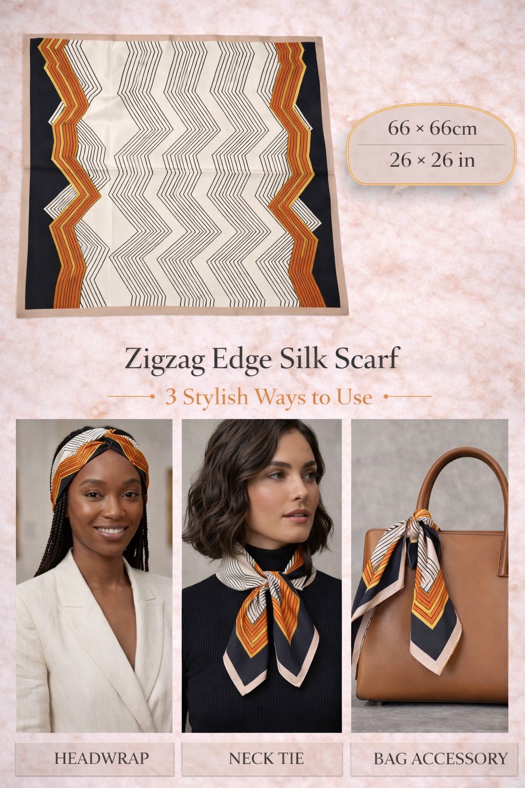 Zigzag Edge 66 x 66 cm Mulberry silk scarf in cream black and orange geometric pattern