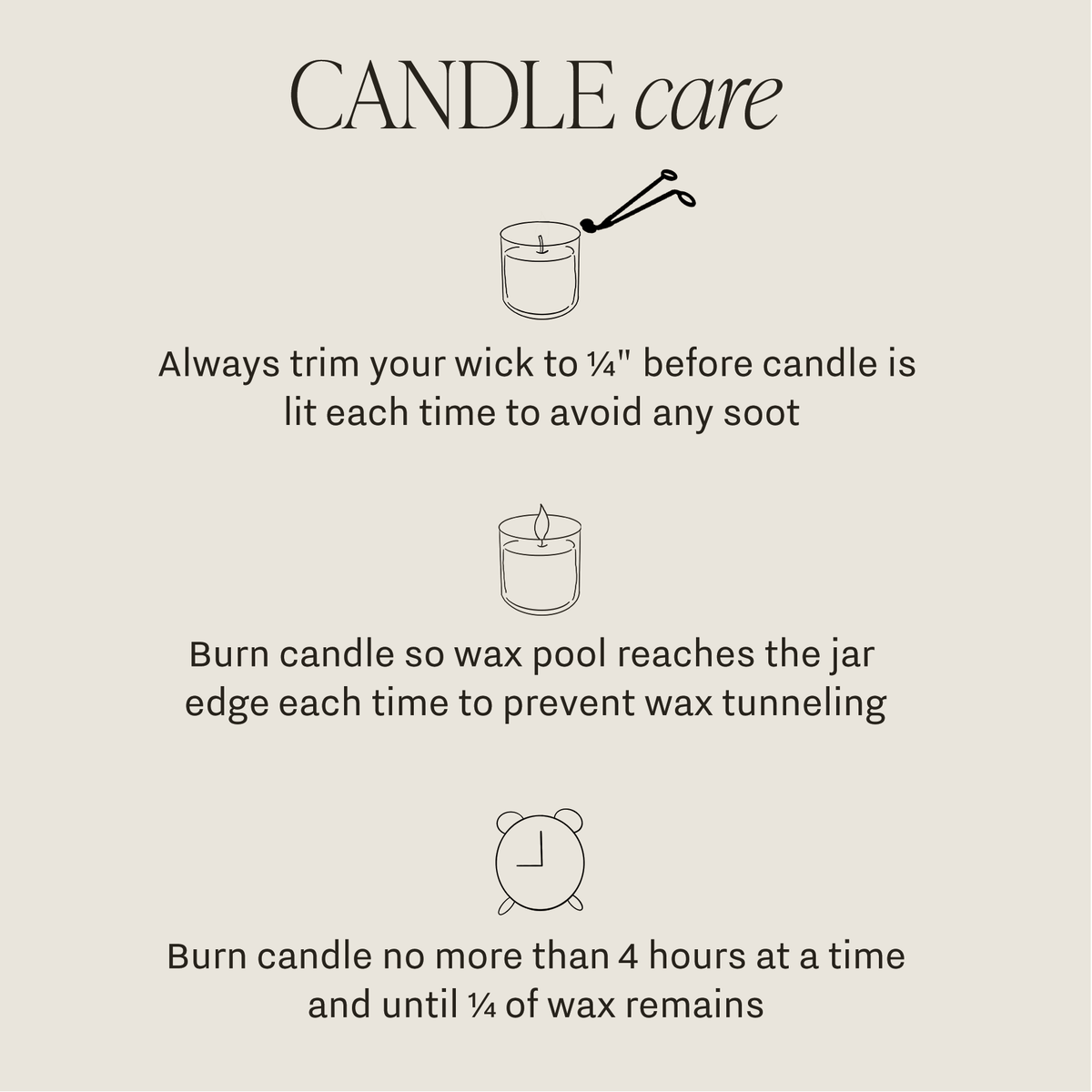 Candle care: trim the wick to 1/4 inch, melt wax to the jar edge, burn no more than four hours, and stop at 1/4 inch of wax.