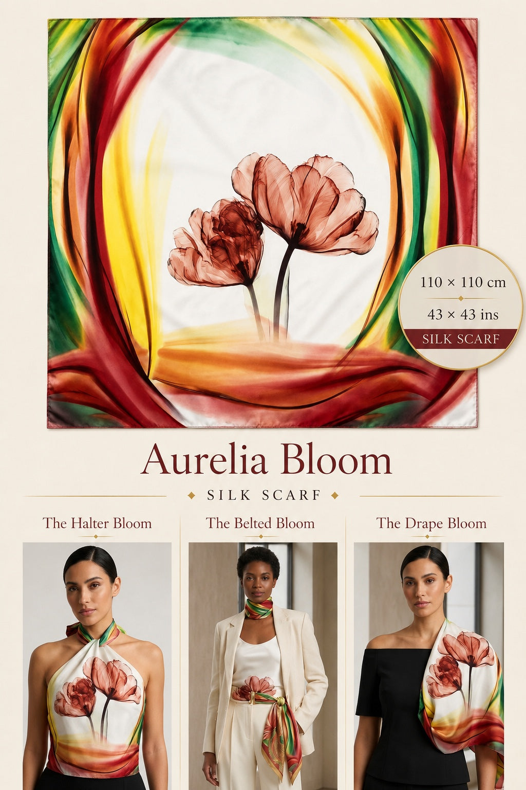 Aurelia Bloom Silk Scarf — 110 × 110 cm