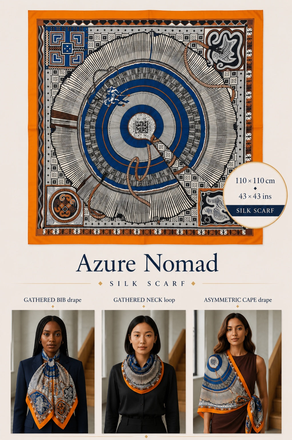 Azure Nomad Silk Scarf — 110 × 110 cm