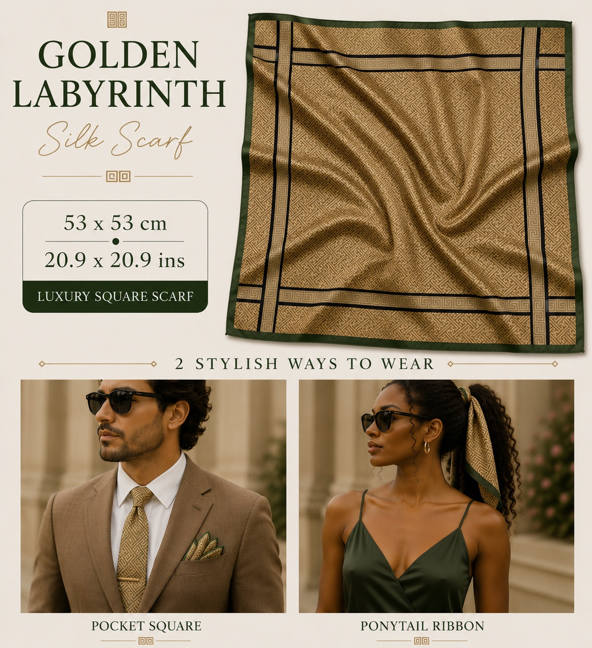 Golden Labyrinth Silk Scarf — 53 × 53 cm