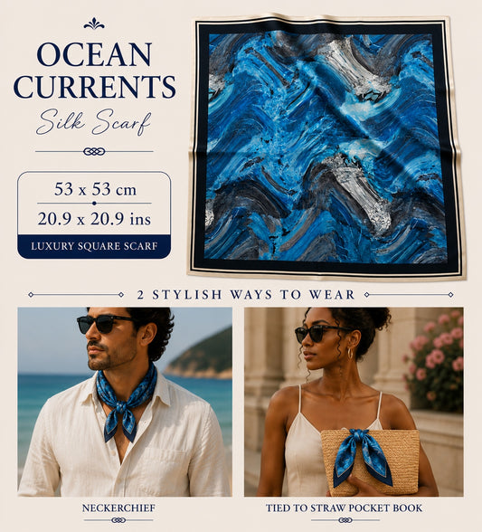 Ocean Currents Silk Scarf — 53 × 53 cm