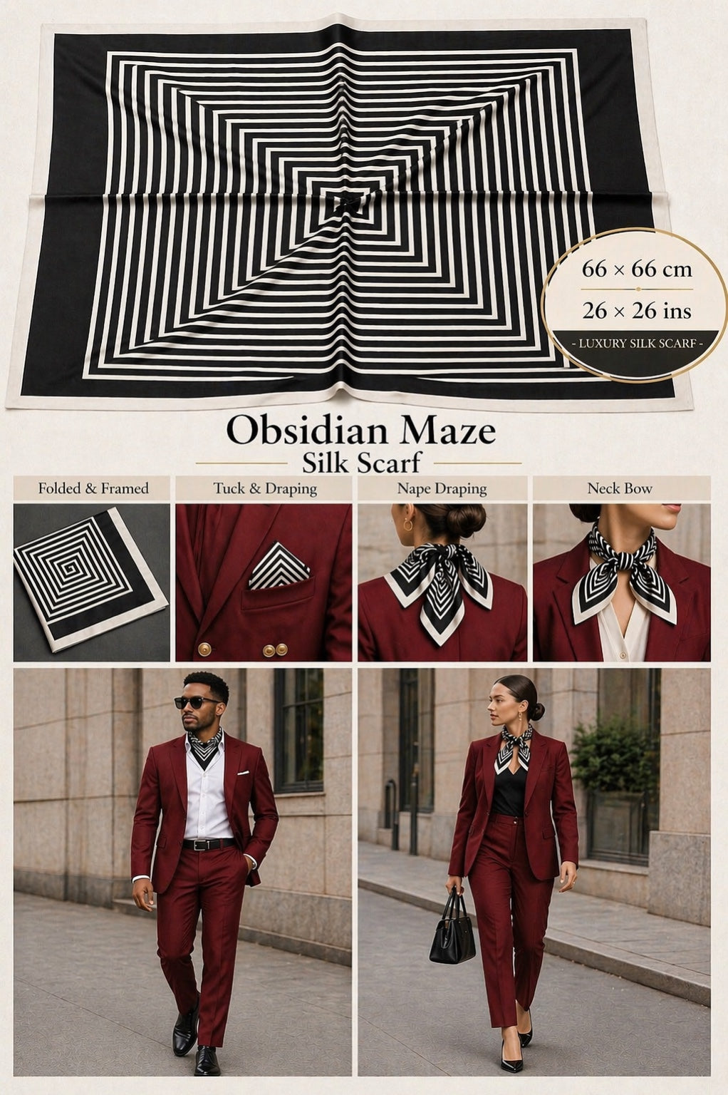 Obsidian Maze Silk Scarf — 66 × 66 cm