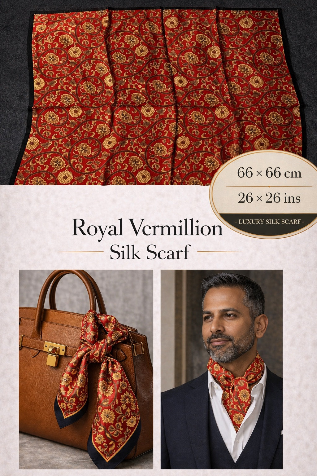 Royal Vermillion Silk Scarf — 66 × 66 cm