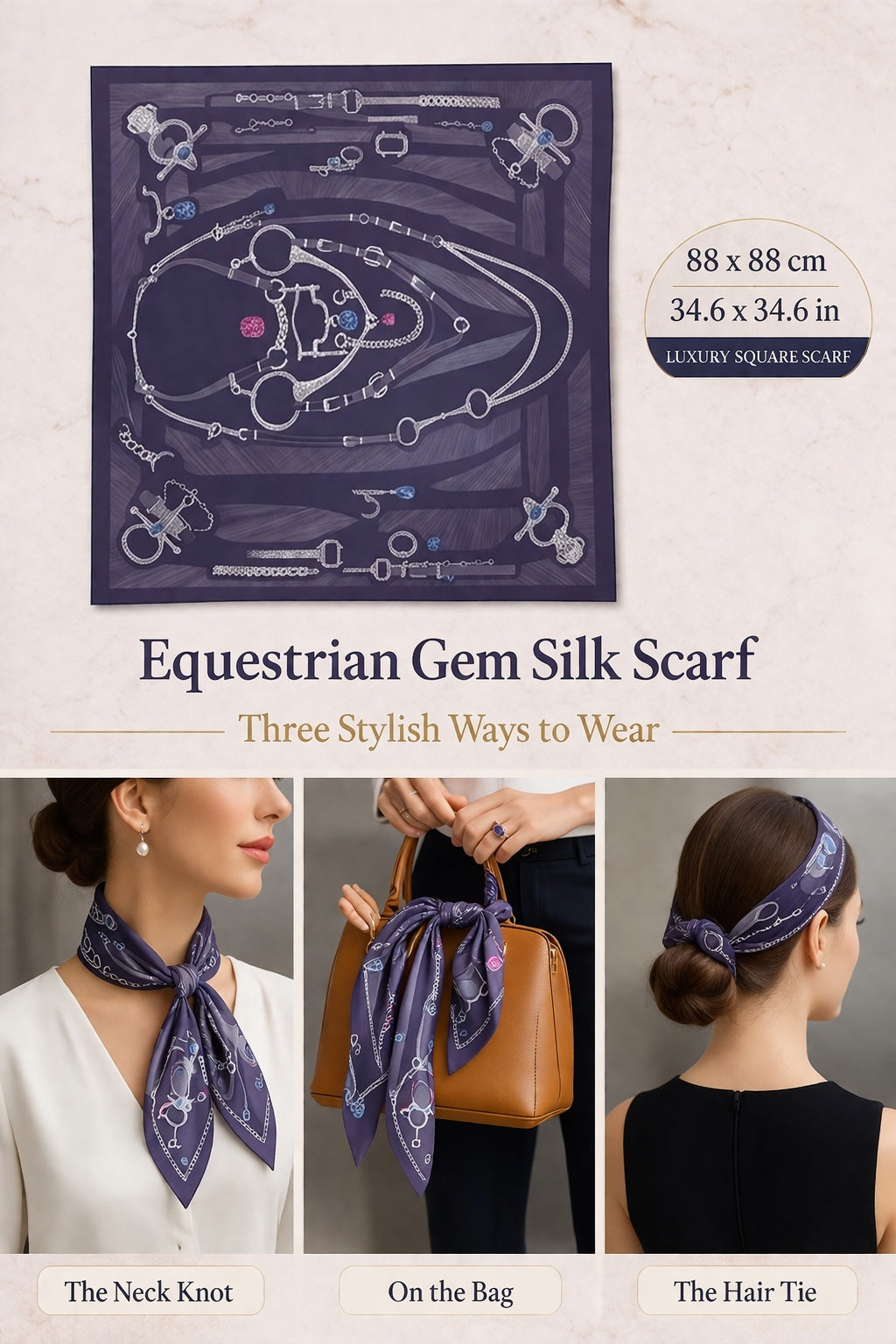 Equestrian Gem Silk Scarf — 88 × 88 cm