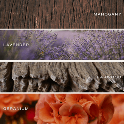 Driftwood and Mahogany fragrance notes: mahogany, lavender, teakwood, and geranium.