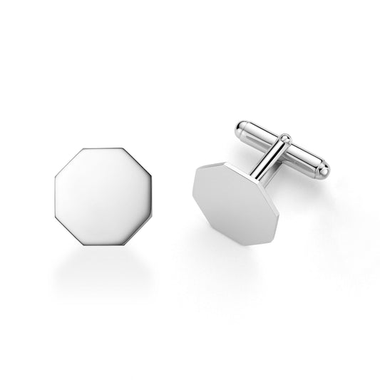 Pair of octagonal sterling silver cufflinks showing a smooth face and toggle fastening.