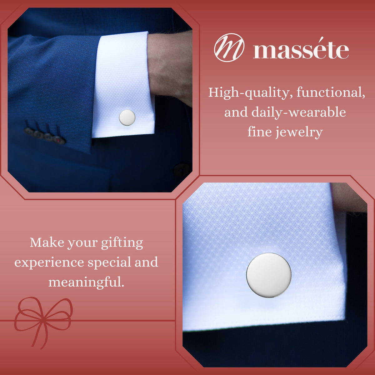 Massete cufflink styling and gifting graphic showing round cufflinks on white cuffs.