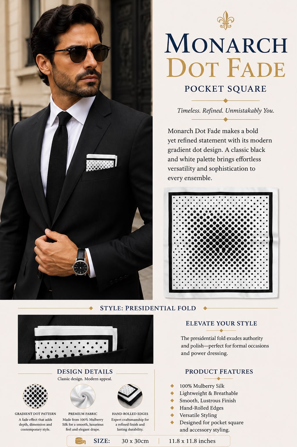 Monarch Dot Fade Mulberry silk pocket square with modern black-and-white gradient dot design