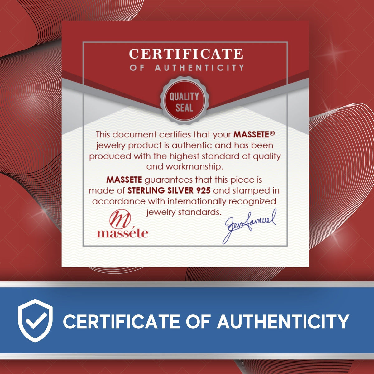 Massete certificate-of-authenticity graphic for sterling silver jewelry.