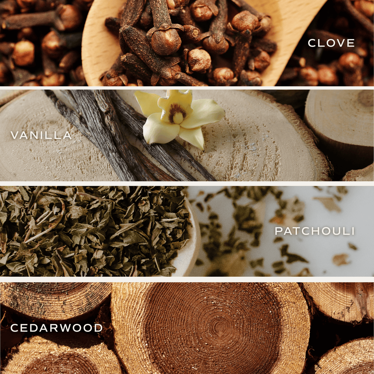 Palo Santo Patchouli fragrance notes: clove, vanilla, patchouli, and cedarwood.
