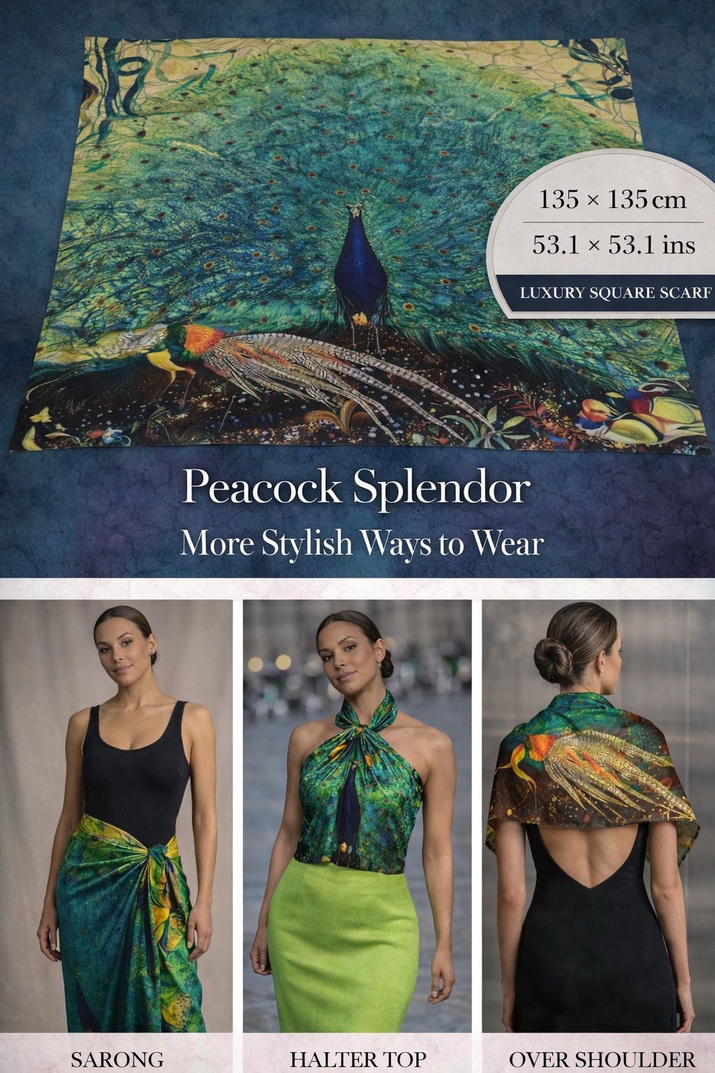 Peacock Splendor oversized silk scarf with emerald, sapphire and gold peacock design