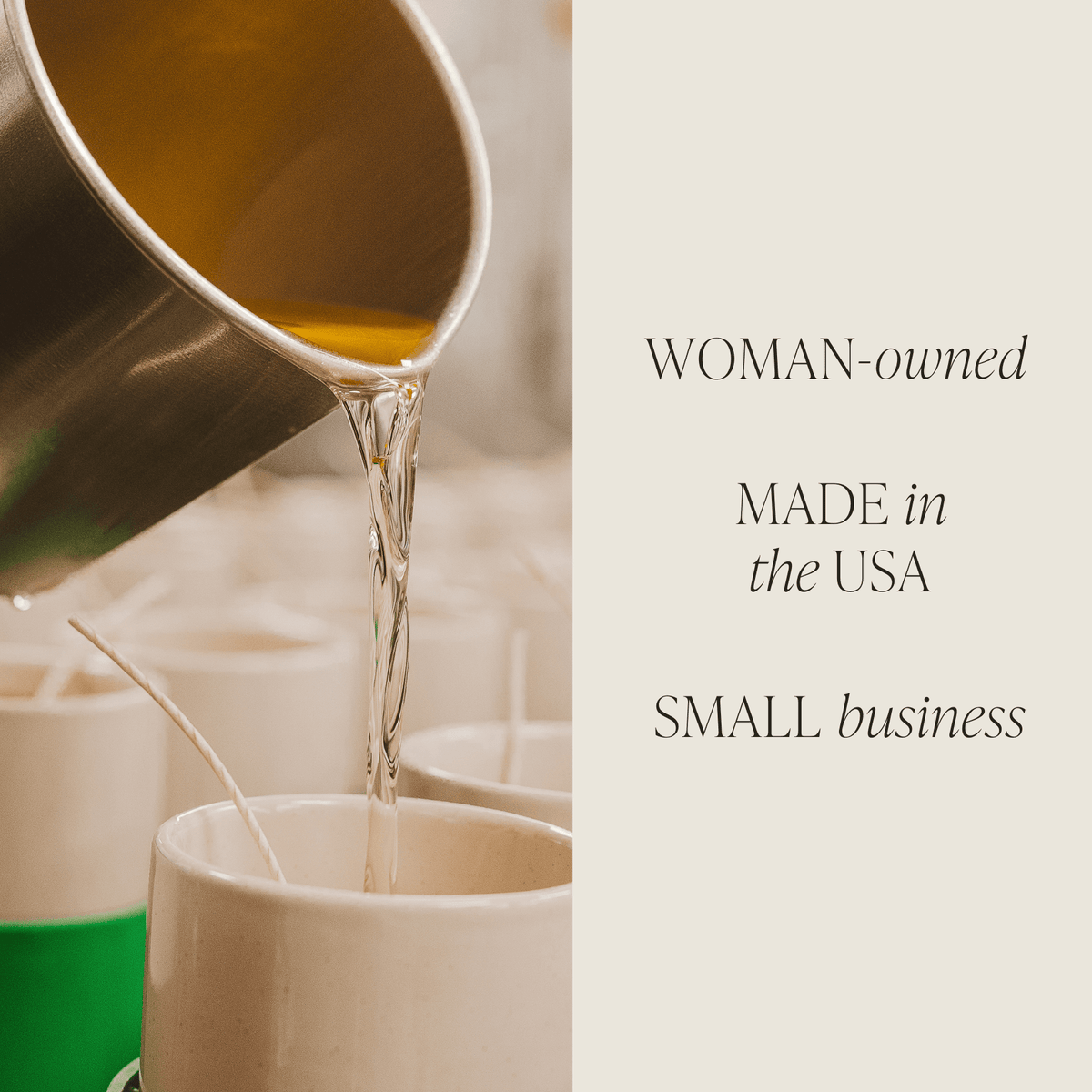 Wax being poured into candle jars, with Sweet Water Decor small-business and USA-made information.