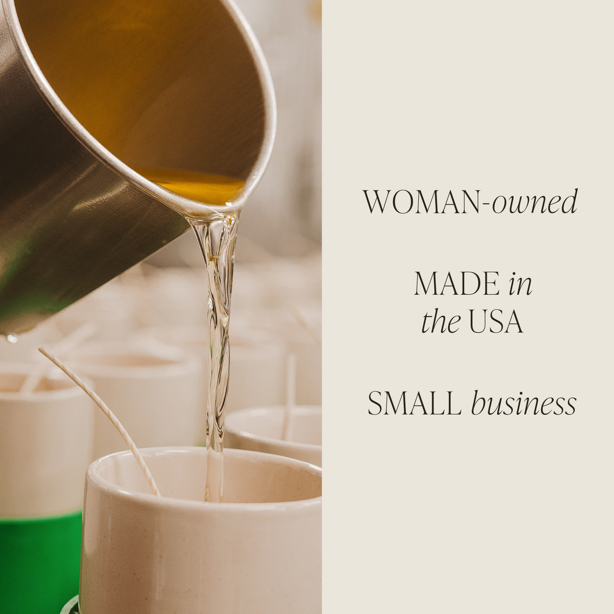 Wax being poured into candle jars, with Sweet Water Decor small-business and USA-made information.