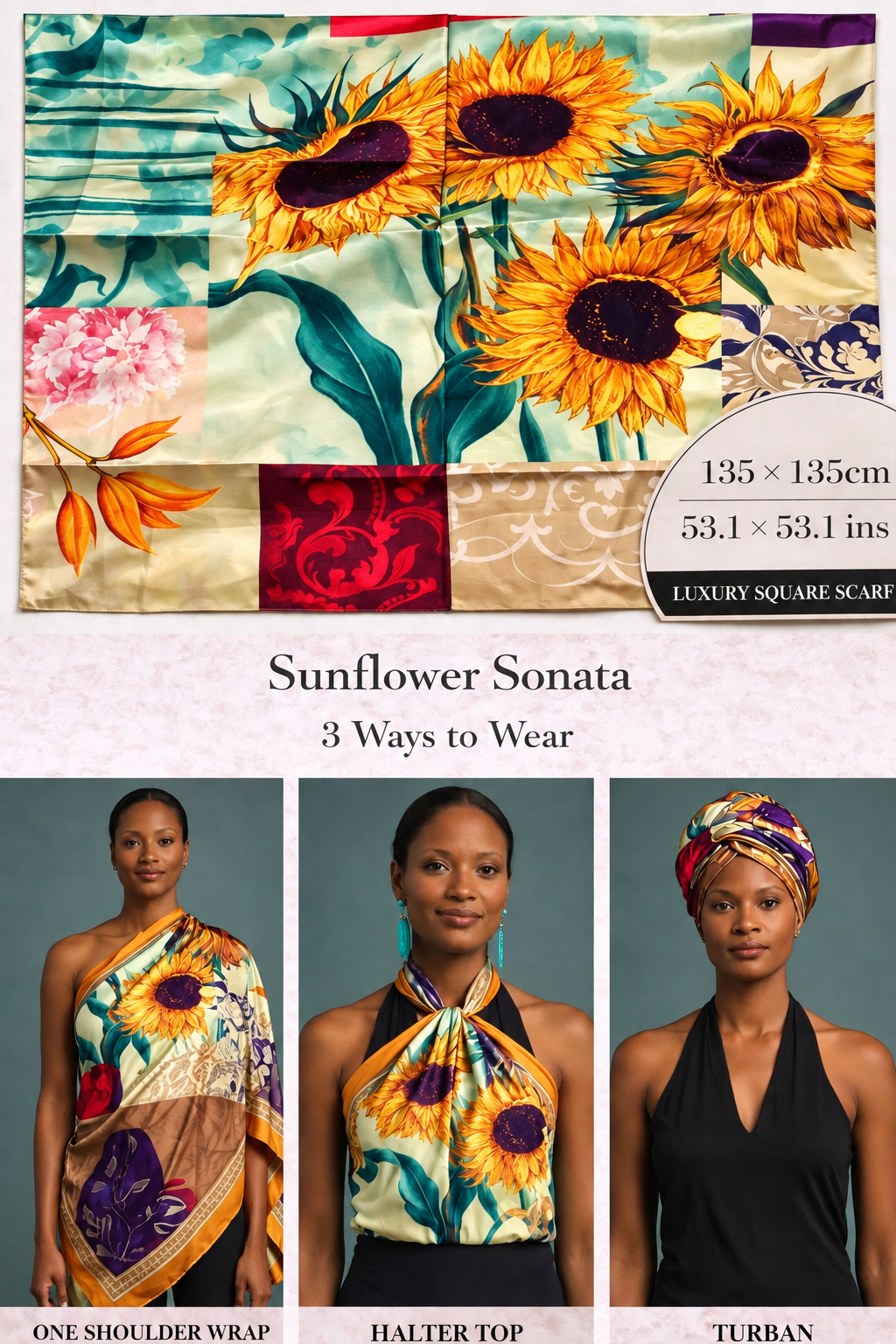 Sunflower Sonata luxury silk scarf shown in three styling options with vibrant sunflower colors