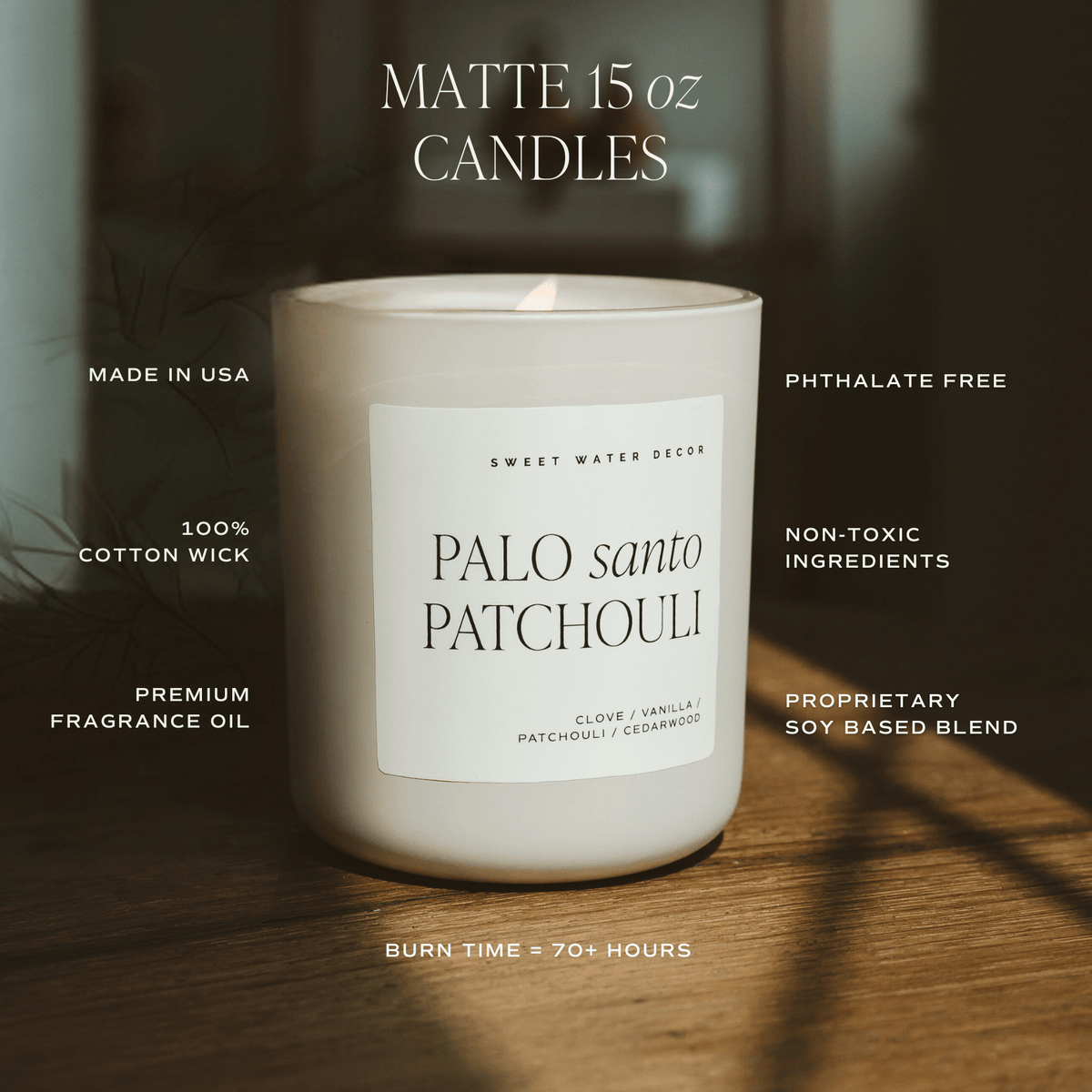 Tan 15 oz candle feature graphic showing a Palo Santo Patchouli jar and candle specifications.