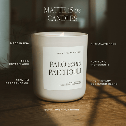 Tan 15 oz candle feature graphic showing a Palo Santo Patchouli jar and candle specifications.
