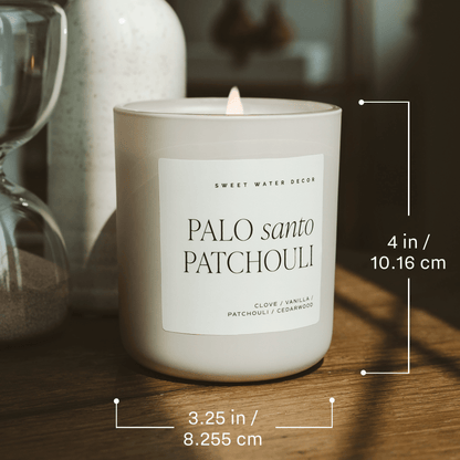 Palo Santo Patchouli candle dimension graphic: 3.25 inches wide and 4 inches tall.