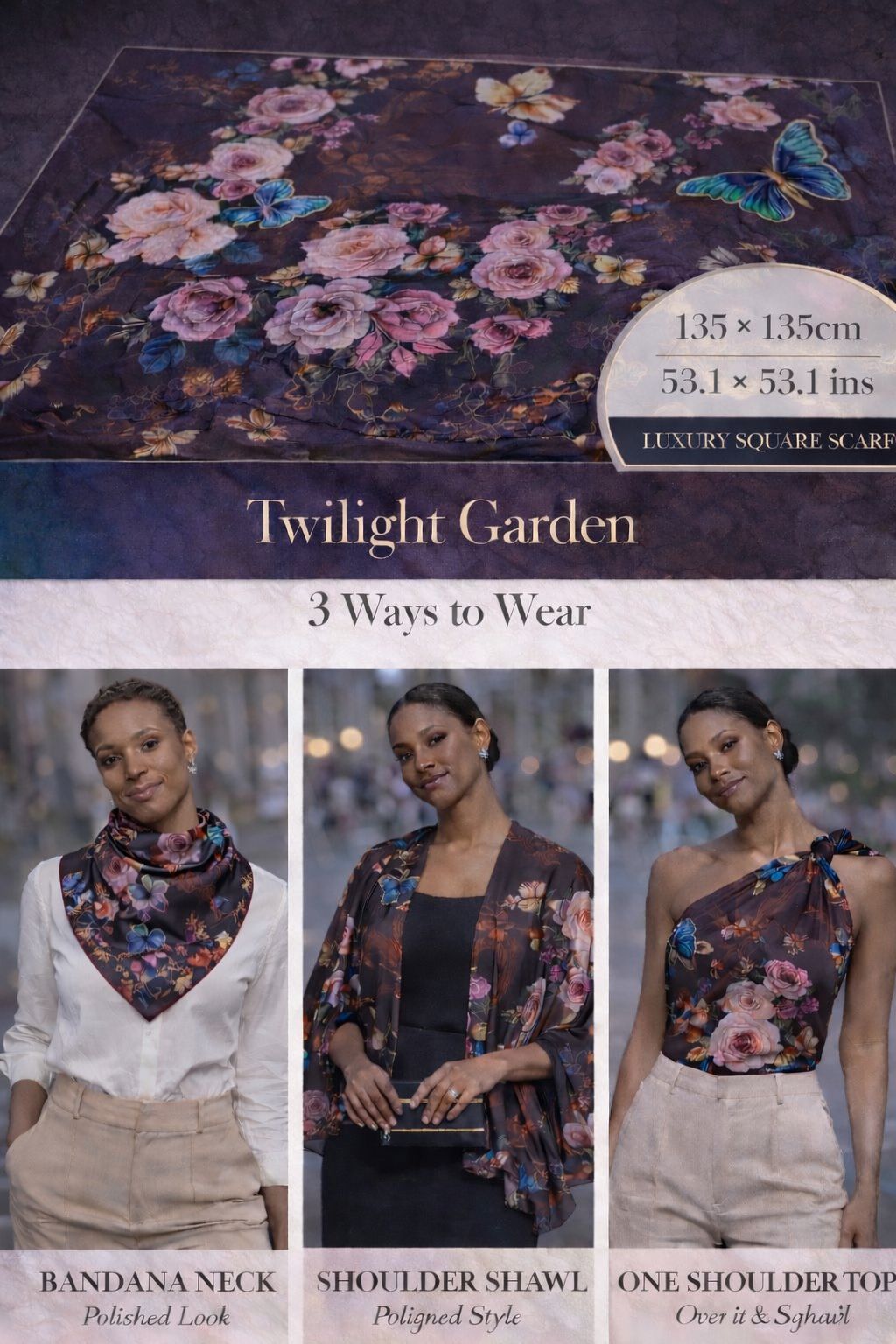 Twilight Garden oversized silk scarf with florals and butterflies in plum, midnight blue and rose