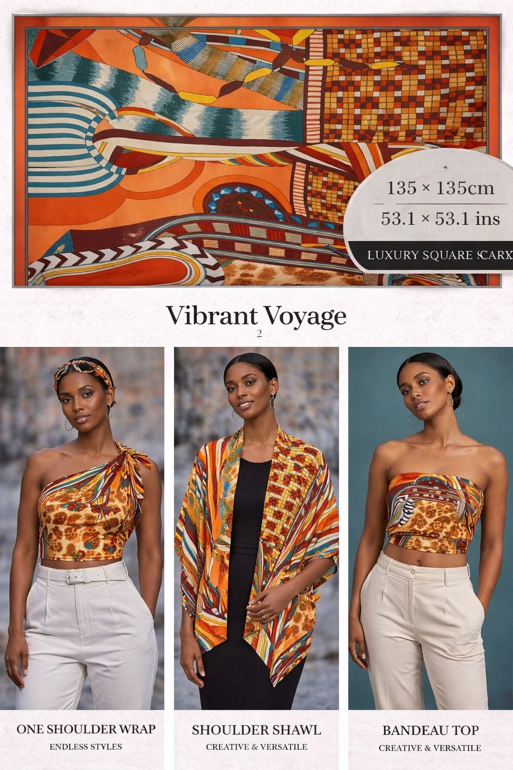 Vibrant Voyage oversized silk scarf with burnt orange, teal, ivory and deep brown geometric patterns