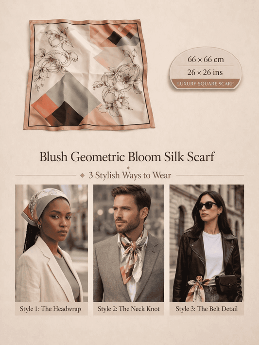Blush Geometric Bloom silk scarf in blush, muted green and warm neutral tones