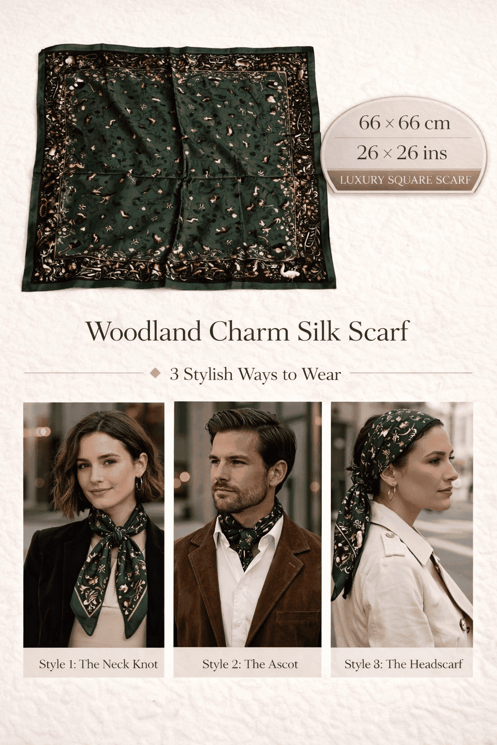Woodland Charm silk scarf with deep forest green tones and delicate gold accents