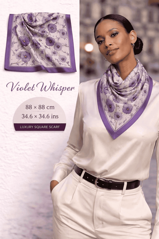 Violet Whisper silk scarf with delicate lavender florals and soft neutral tones
