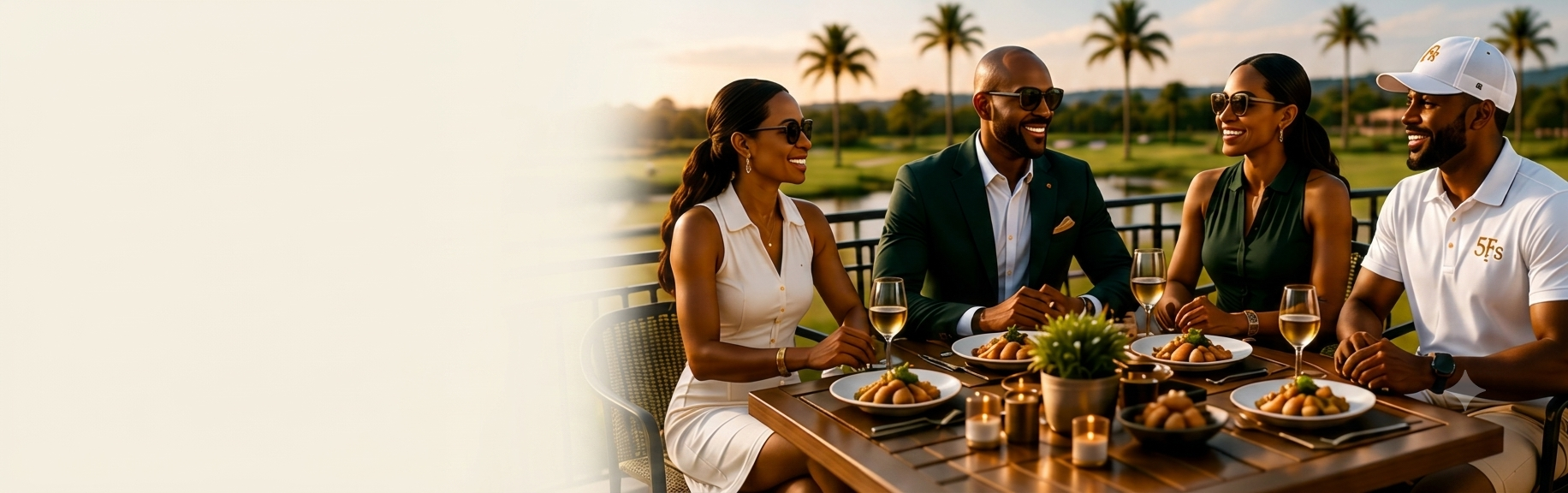 Group of friends laughing together outdoors, toasting champagne