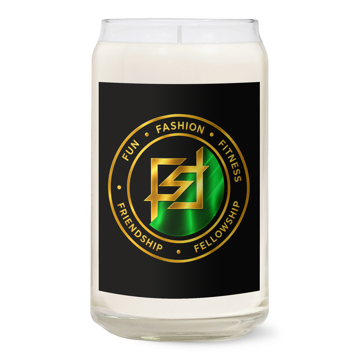 Product mockup of the 13.75 oz 5Fs Signature Candle in Comfort Spice fragrance.