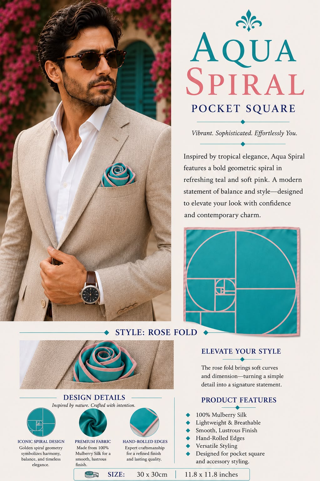 Aqua Spiral Mulberry silk pocket square in teal and pink geometric pattern