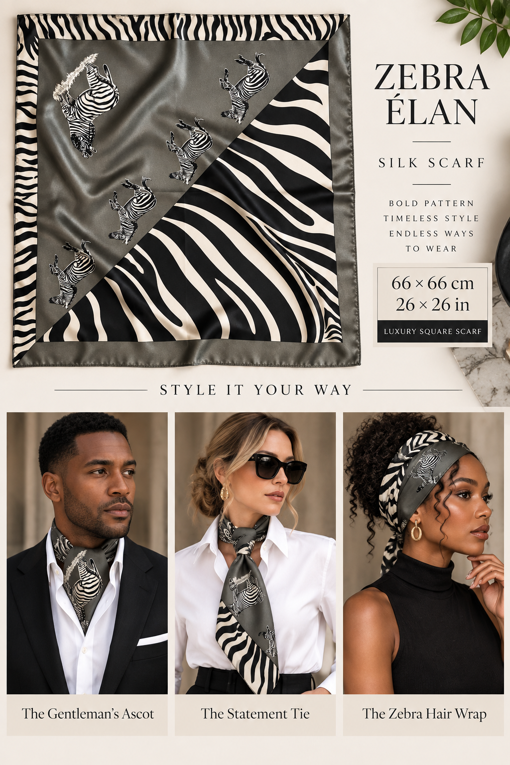 Zebra Élan 66 x 66 cm Mulberry silk scarf with black ivory and charcoal zebra design