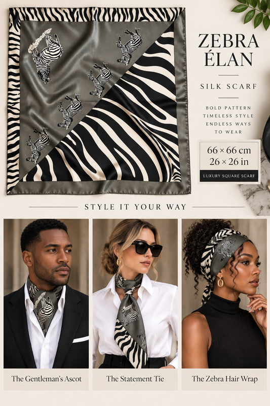 Zebra Élan 66 x 66 cm Mulberry silk scarf with black ivory and charcoal zebra design